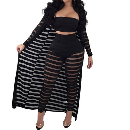 Big Size S-3xl Summer Tracksuit Hollow Out Stripe Overalls Women's Set Three Pieces Suits Jumpsuit Casual Nightclub Wear - Plushlegacy