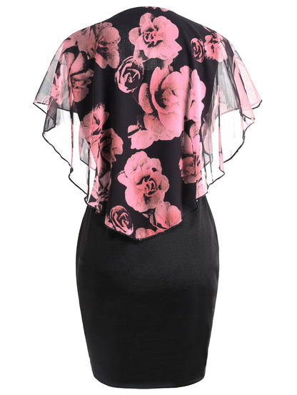 Plus Size Rose Overlay Capelet Dress - Plushlegacy