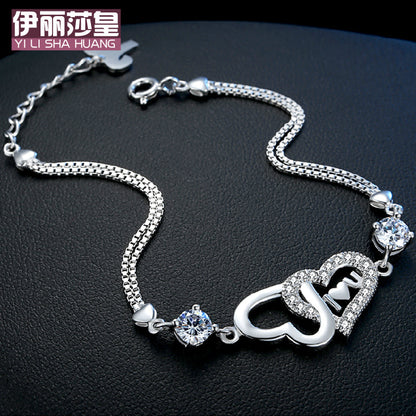 925 Sterling Silver Diamante Bracelet Double Heart