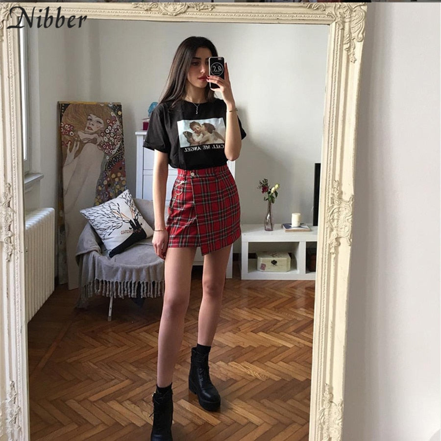Nibber spring Vintage red Plaid mini skirts Women summer fashion office lady club party casual short pleated skirts mujer - Plushlegacy