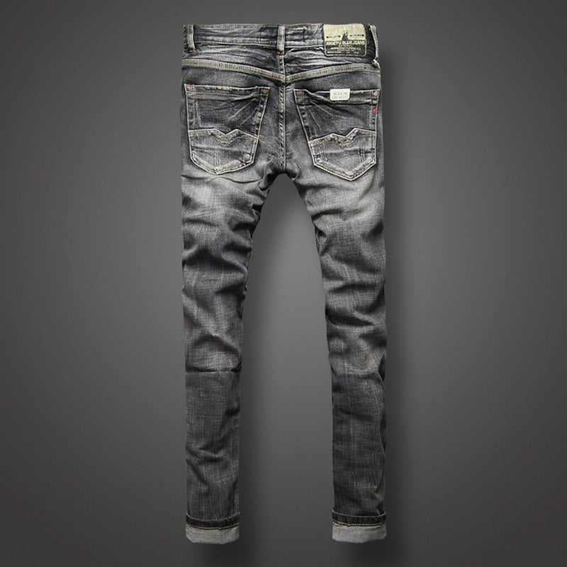 Black Gray Color Denim Mens Jeans High Quality Italian Style Retro Design Slim Fit Ripped Jeans - Plushlegacy