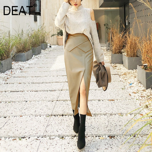 Gray fashion leather skirt female autumn and winter khaki white high waist one step skirt package hip half-length long skirt - Plushlegacy