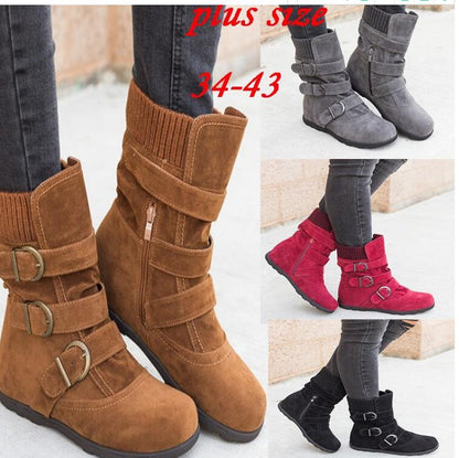 Winter buckled calf women's boots, winter women's warm zipper boots, plain flat shoes, large size women's casual boots - Plushlegacy