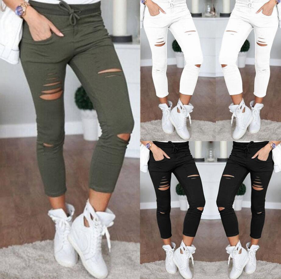 Skinny Jeans Women Denim Pants Holes Destroyed Knee Pencil Pants Casual Trousers Black White Stretch Ripped Jeans - Plushlegacy