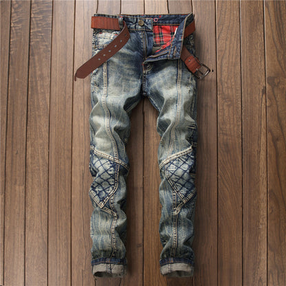Men's Casual Retro Blue Patchwork Pants Youth Straight Leg Jeans - Plushlegacy