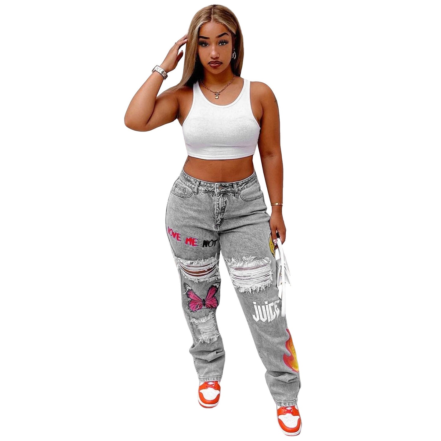 Women's Digital Positioning Print Ripped Fashion Jeans