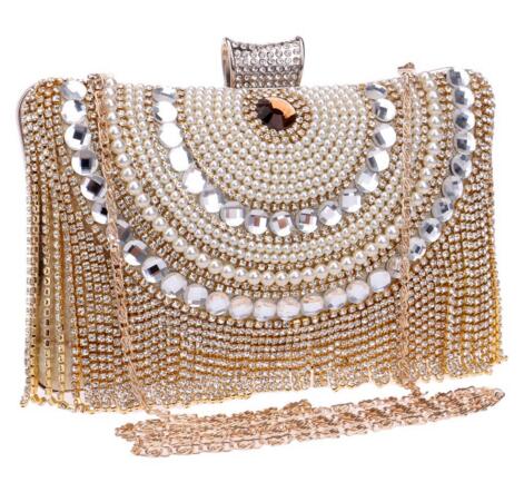 Rhinestones Tassel Clutch Diamonds Beaded Metal Evening Bags Chain Shoulder Messenger Purse Evening Bags For Wedding Bag - Plushlegacy