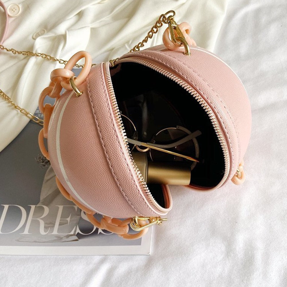Personality female leather pink basketball bag new ball purses for teenagers women shoulder bags crossbody chain hand bags - Plushlegacy