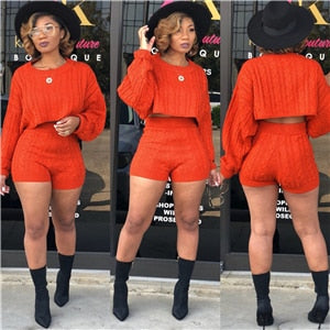 Women Knitted Sweaters Two Piece Set O Neck Long Sleeve Loose Crop Top High Waist Shorts - Plushlegacy