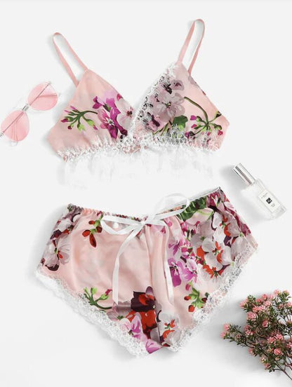 Multicolor Lace Trim Floral Print Satin  Women Lingerie Set Boho Wireless Intimates Femme Bra Underwear Set - Plushlegacy