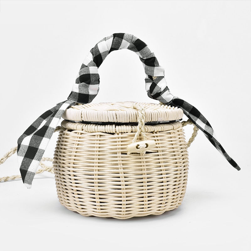 New rattan bag handbag lattice silk scarf portable straw bag cylinder small jar beach bag - Plushlegacy