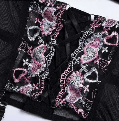 Three Pieces Female Lingerie Love Embroidery Girdle Cross Strap Lingerie - Plushlegacy