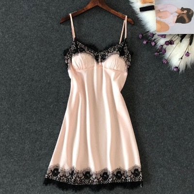 Women's Lingerie Silk Nightgown Summer Dress Lace Night Dress Sleepwear Babydoll Nightie Satin Homewear Chest Pad Nightwear - Plushlegacy