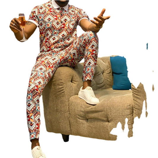 Two-piece Shirt And Pants Men's Casual Printed Polo Suit - Plushlegacy