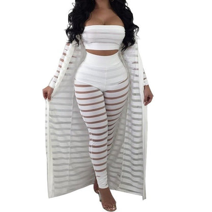 Big Size S-3xl Summer Tracksuit Hollow Out Stripe Overalls Women's Set Three Pieces Suits Jumpsuit Casual Nightclub Wear - Plushlegacy