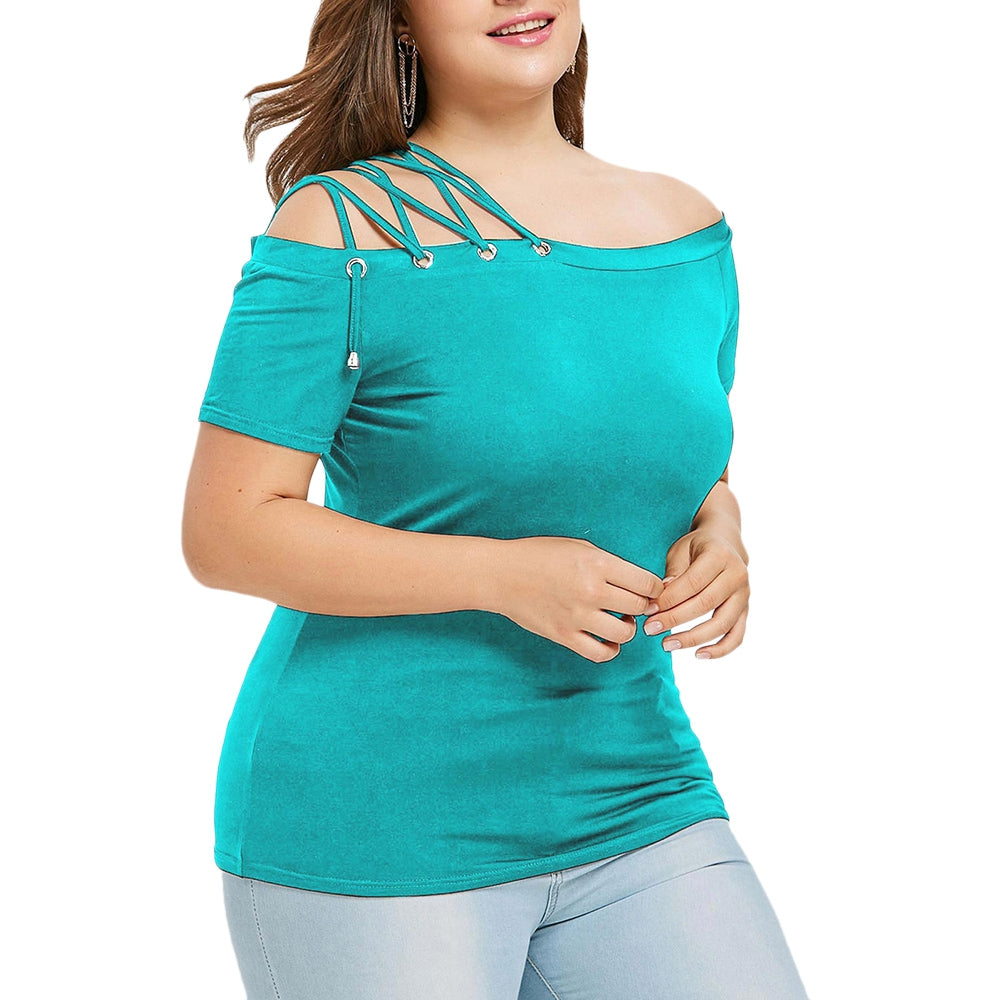 Plus Size Off The Shoulder Strappy Women T-shirt - Plushlegacy