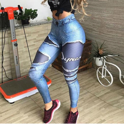Women 3D Printed Fake Denim Blue Mesh Leggings Elastic Workout Legging Pants Fashion 2019 Female Leggings Plus Size Femme - Plushlegacy
