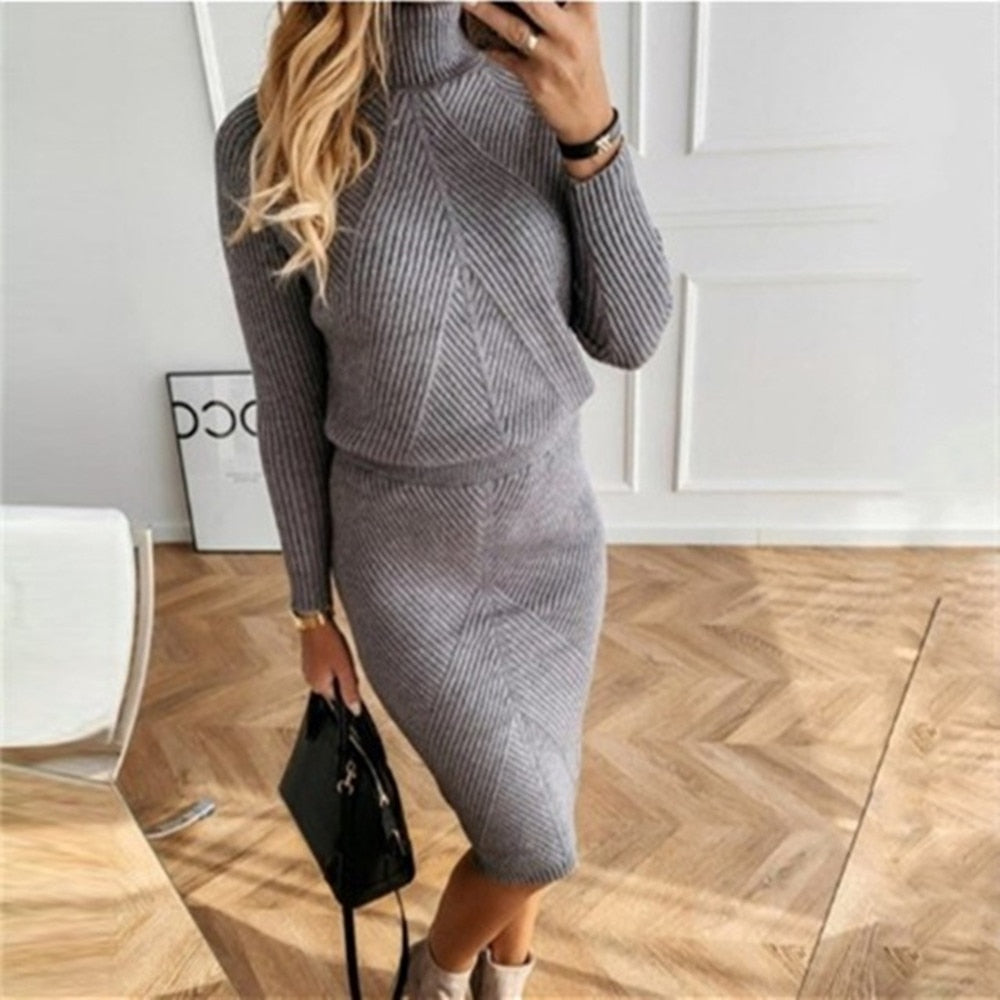 Autumn Women's Knitting Costume Turtleneck Solid Color Pullover Sweater + Slim Skirt Two-Piece Set - Plushlegacy