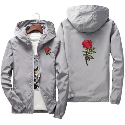 Rose Bomber Men Jacket Hip Hop Slim Fit Flowers Pilot Men Coat Men Hooded Jackets - Plushlegacy