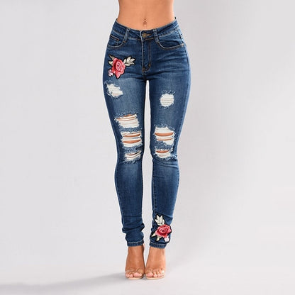 Stretch Embroidered Jeans For Women Elastic Flower Jeans Female Slim Denim Pants Hole Ripped Rose Pattern Jeans Pantalon Femme - Plushlegacy