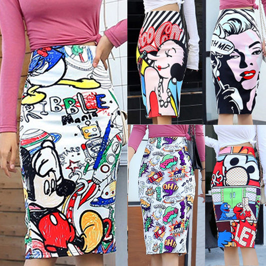 Women's Pencil Skirt Mickey New Cartoon Mouse Print High Waist Slim Skirts Women Young Girl Summer Female Falda - Plushlegacy