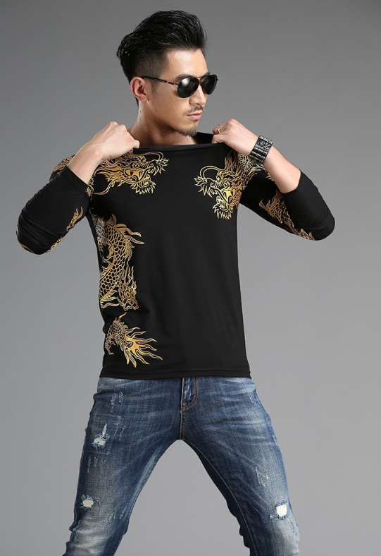 Chinese style  tide male Long sleeve t-shirt round neck Slim 3D dragon shirt Lycra cotton - Plushlegacy