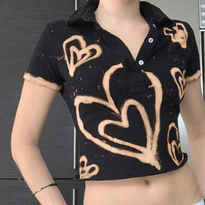 Vintage Fashion Heart Printing Short Sleeve T-shirt Turn Down Collar Streetwear Crop Top - Plushlegacy