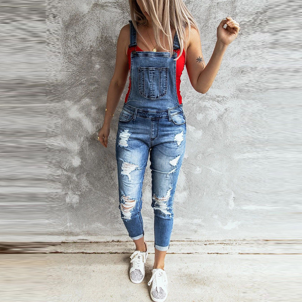 Summer New Style Women's Fashion Ripped Elastic Jeans Strap Trousers - Plushlegacy