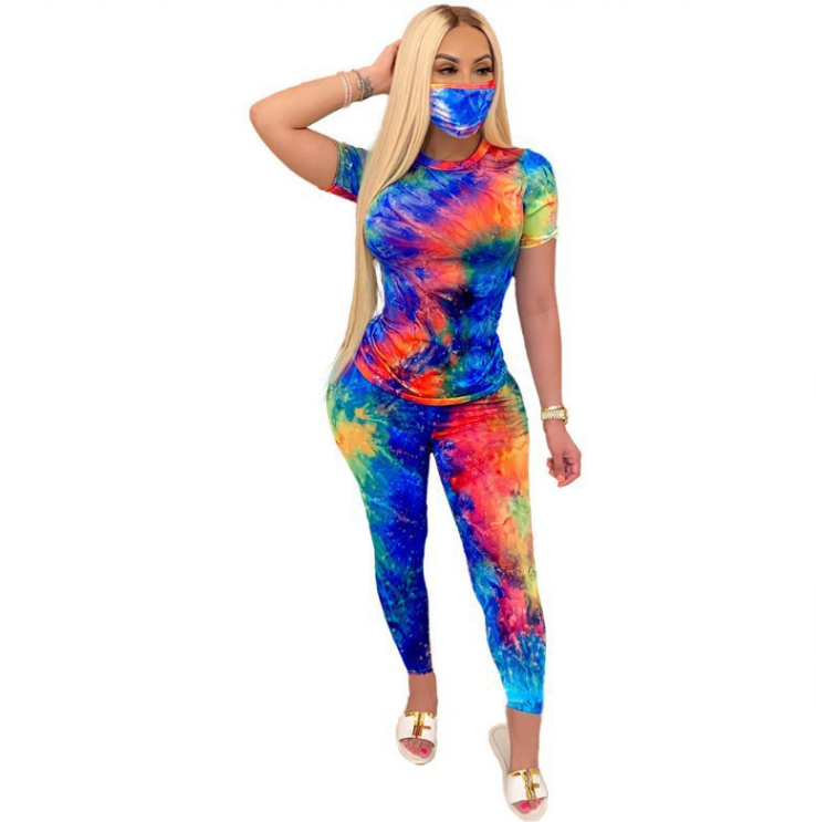 Tie-Dye Two Piece Set Women Summer Clothes Casual Sportswear 2 Piece Outfit for Women Sweat Suit Short Sleeve Top and Shorts Set include Mask - Plushlegacy