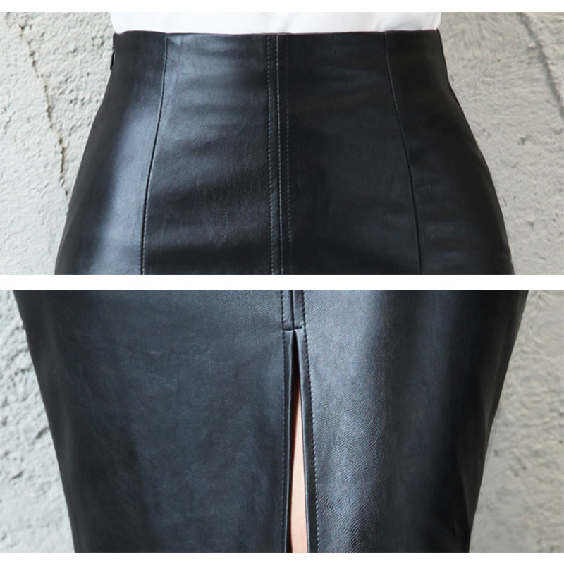 Black PU Leather Skirt Women New Midi  High Waist Bodycon Split Skirt Office Pencil Skirt Knee Length Plus Size - Plushlegacy