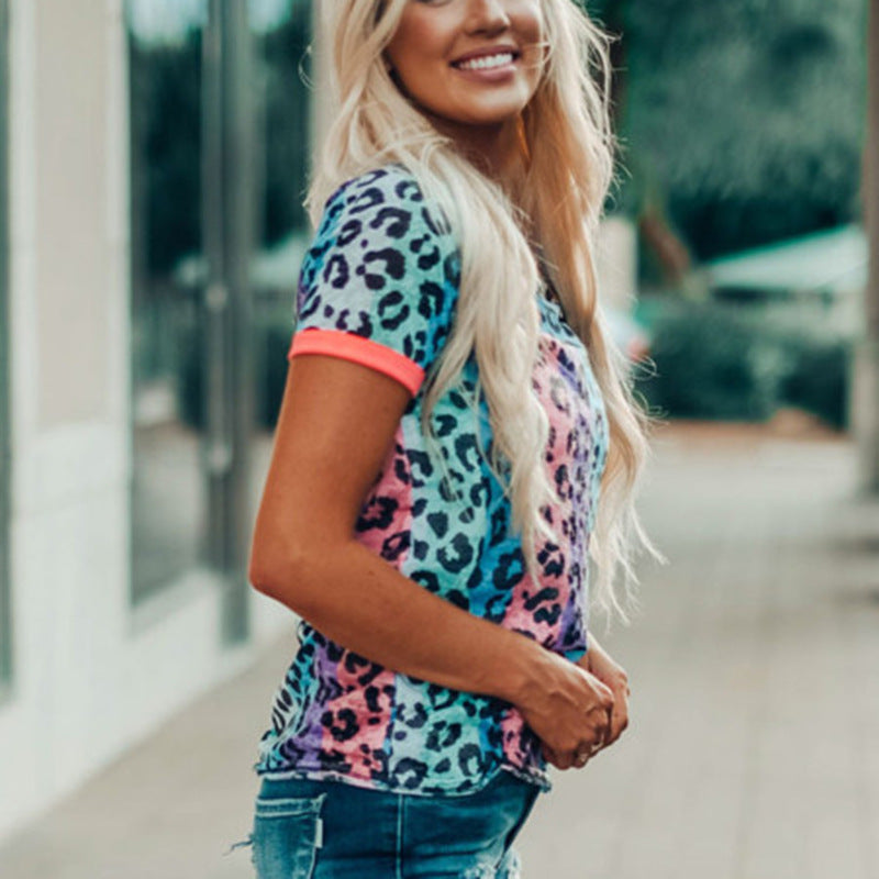 European And American Leopard Print Tie-dye Round Neck Colorful Short Sleeves - Plushlegacy
