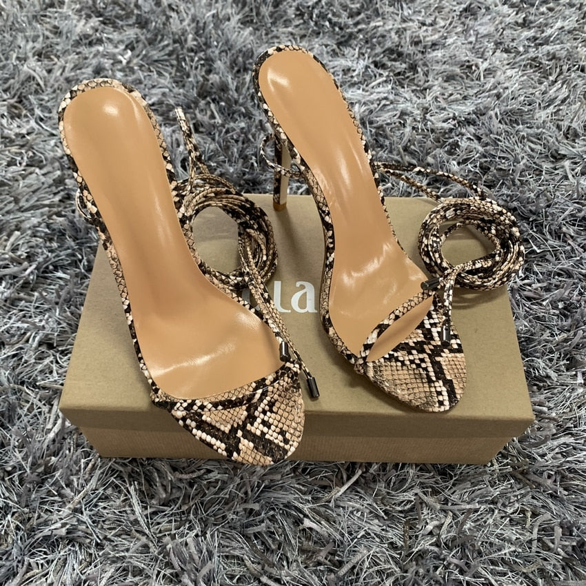 Fashion Women High Heels Sandals Summer Outside Snake Print Shoes Woman Lace-Up Cross Strap Gladiator Sandals 11CM Heels - Plushlegacy