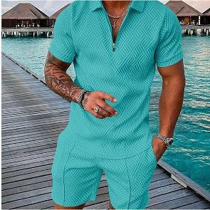 Men's Lapel Print Zipper Short Sleeve Shorts Suit