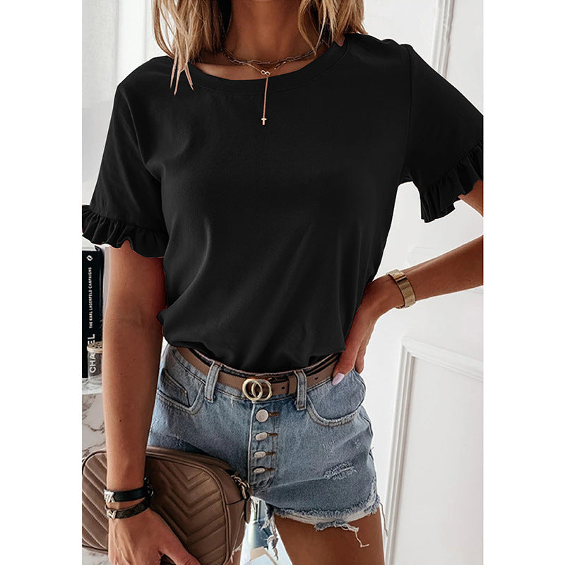 Solid Color Ruffled Round Neck Short Sleeves