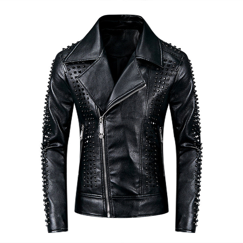 Men's rivet suit collar motorcycle leather jacket - Plushlegacy