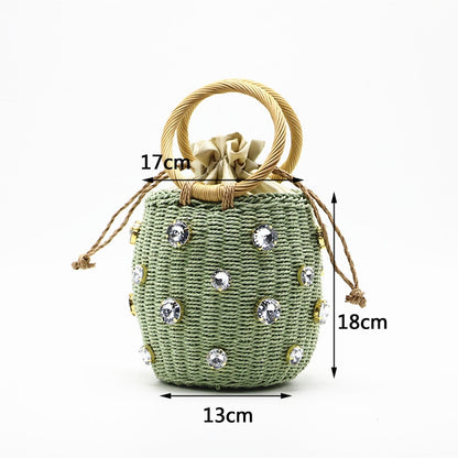 Handmade Rhinestone Crystal Embellished Straw Bag Small Straw Bucket Bags Lady Travel Purses and Handbags - Plushlegacy