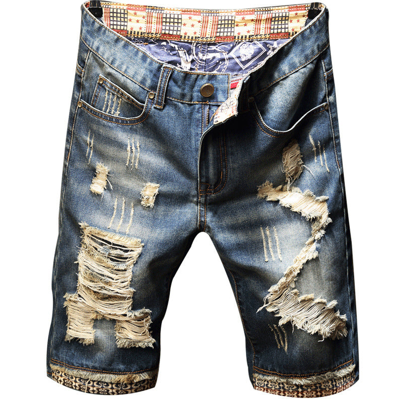 Men Summer Fashion Brand Europe and America Style Vintage Slim Fit Hole Straight Denim Jeans Shorts Male Casual Beggar Shorts - Plushlegacy