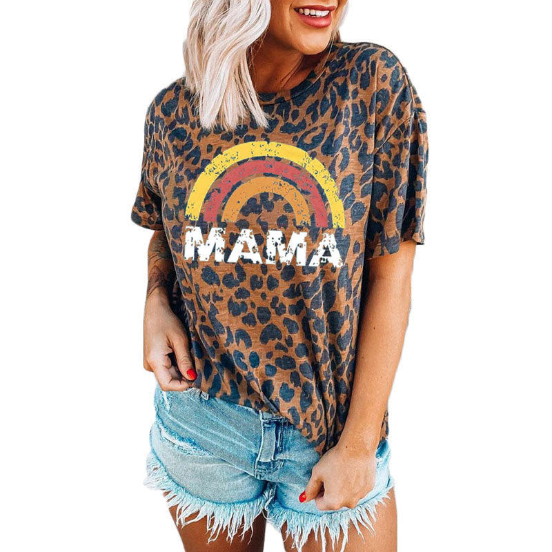 Spring And Summer European And American Women's Leopard Print Blouses Printed Round Neck Short Sleeves - Plushlegacy