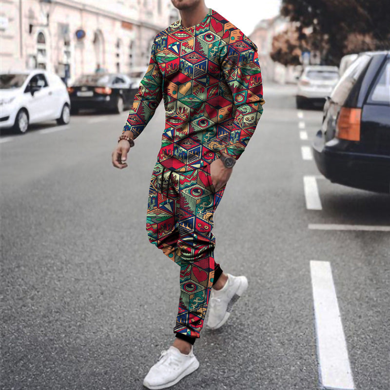 Funny New Long-sleeved Sports Two-piece Round Neck Casual Printed Men's Sweater