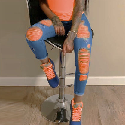 Women's street light color ripped jeans - Plushlegacy
