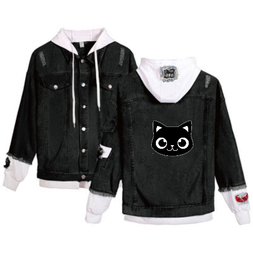 Cute Black Cat Hip Hop Jean Jacket With Hoodie Insert Feature - Plushlegacy