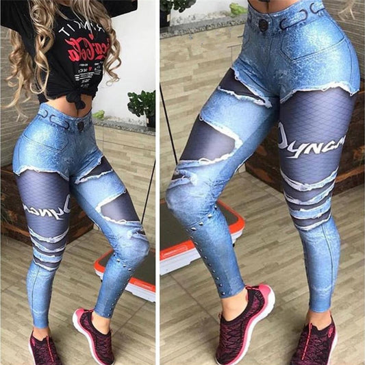 Women 3D Printed Fake Denim Blue Mesh Leggings Elastic Workout Legging Pants Fashion 2019 Female Leggings Plus Size Femme - Plushlegacy