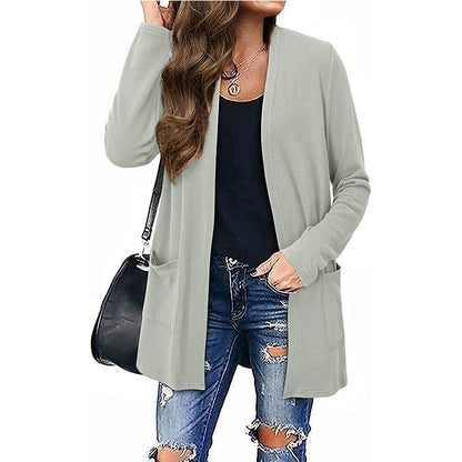 European and American foreign trade sweater women solid color casual mid-length pocket knitted cardigan - Plushlegacy