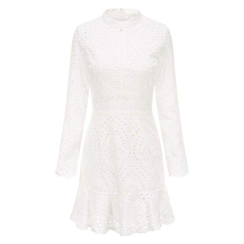 Elegant White Lace Embroidery Mini Party Dress Long Sleeve Ruffle Hollow Out Office Dress Vintage Slim Short Formal Dresses - Plushlegacy
