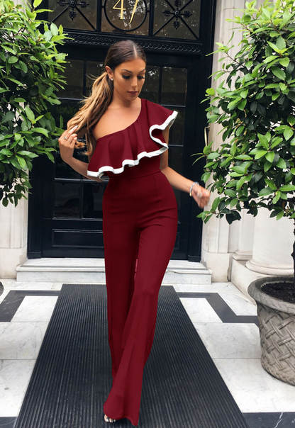 Women's  jumpsuit ruffled color matching one-piece wide-leg pants - Plushlegacy