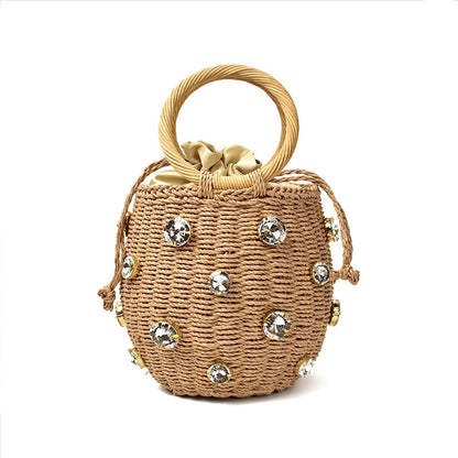 Handmade Rhinestone Crystal Embellished Straw Bag Small Straw Bucket Bags Lady Travel Purses and Handbags - Plushlegacy