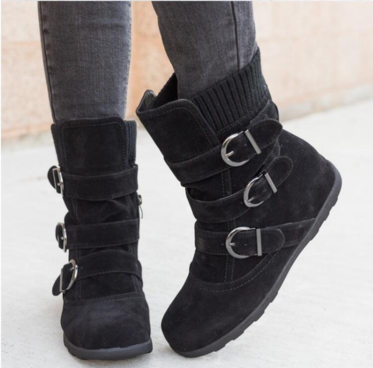 Winter buckled calf women's boots, winter women's warm zipper boots, plain flat shoes, large size women's casual boots - Plushlegacy
