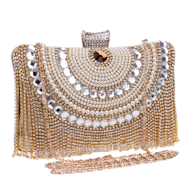Rhinestones Tassel Clutch Diamonds Beaded Metal Evening Bags Chain Shoulder Messenger Purse Evening Bags For Wedding Bag - Plushlegacy
