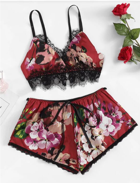 Multicolor Lace Trim Floral Print Satin  Women Lingerie Set Boho Wireless Intimates Femme Bra Underwear Set - Plushlegacy