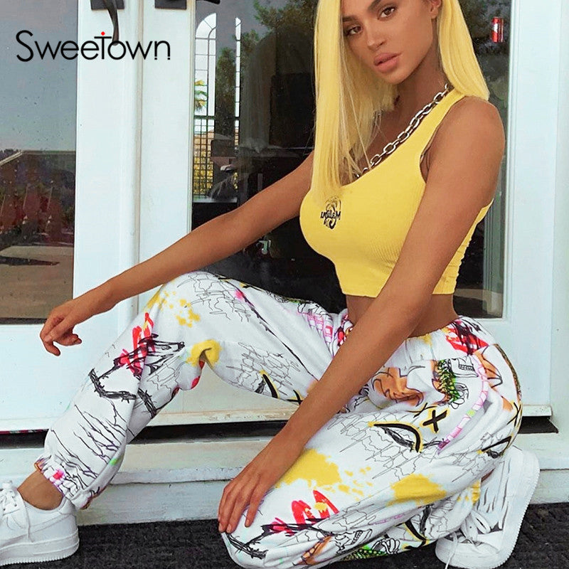 Sweetown Graffiti Baggy Cargo Pants Women Jogger Sweatpants Casual Pockets Elastic High Waist Trousers Female Hip Hop Streetwear - Plushlegacy